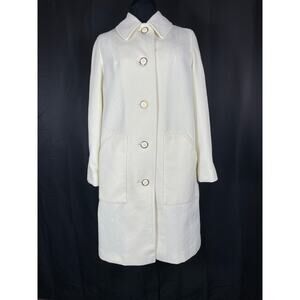 Vintage Woman's Long Coat, Basketweave Cream, Collared, Button Up,